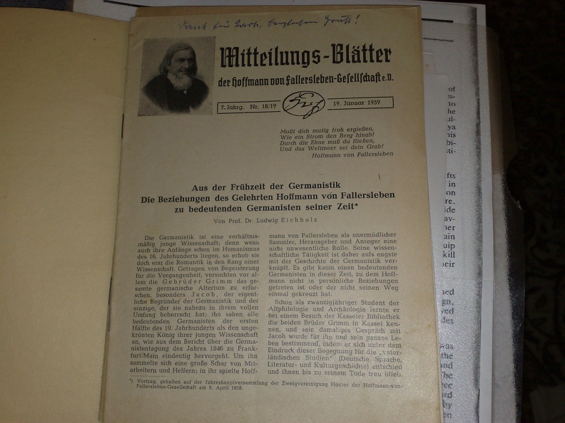 Aus der Frühzeit der Germanistik: Die Beziehungen des Gelehrten Hoffmann von Fallersleben zu bedeutenden Germanisten seiner Zeit.