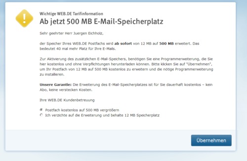 von 12 auf 500 MB bei Web.de und dafür eine "Programmerweiterung" laden? #wtf